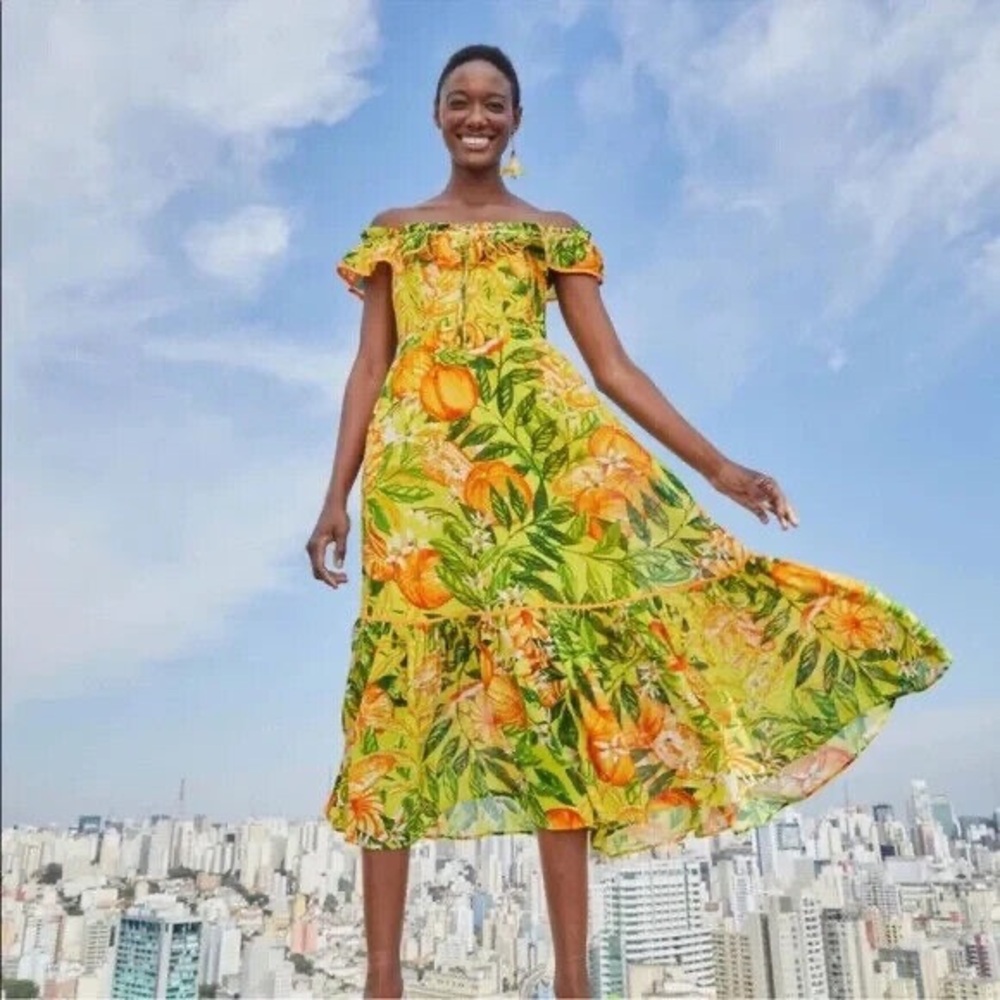 🍍FARM RIO Tangerines Ruffled Midi Dress